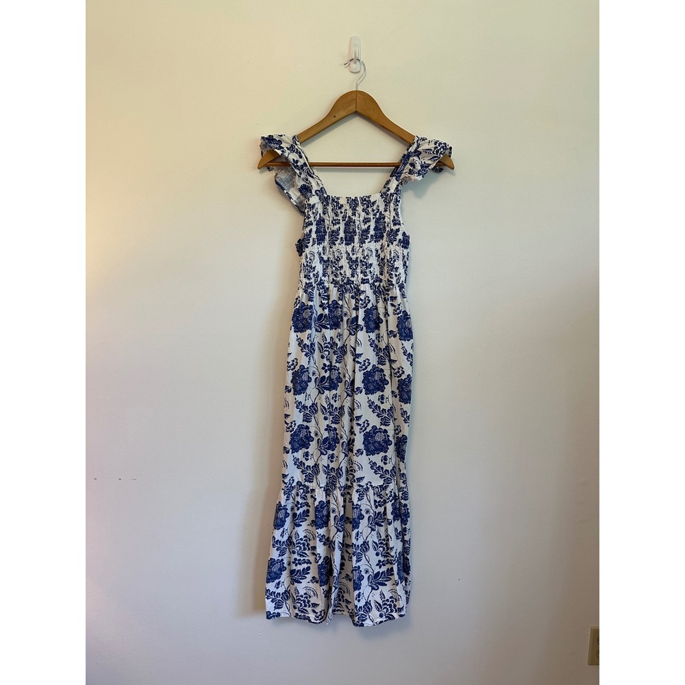 THML Blue‎ and White Floral Toile Smocked Tiered Ruffle Midi Dress | Size XS